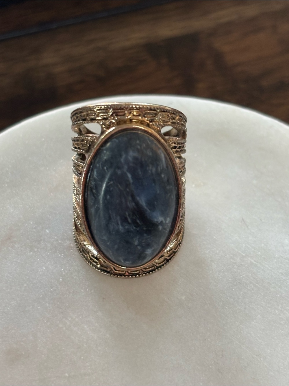Vintage Gold-Tone Filigree Ring with Dark Blue Stone